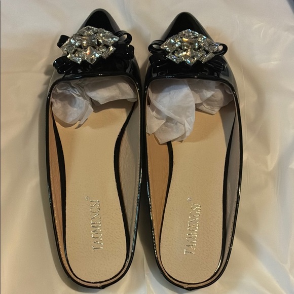 Black Patent Leather Flats with Crystal Accents - Picture 2 of 6